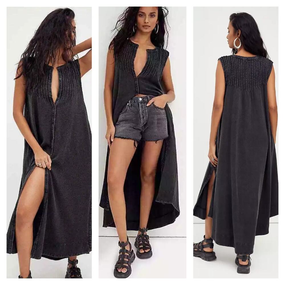 New Free People Pintucked Knit Button Midi Tunic Dress Top $118 X-SMALL Black